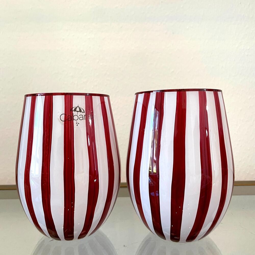 Cabana Red Striped Stemless Wine Glasses 17oz Set of 2 Holiday Barware NEW
